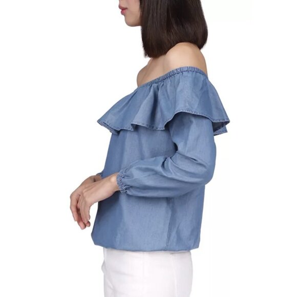 NWT MICHAEL Michael Kors Chambray Ruffle Off the Shoulder Top Sz. 2X - Picture 2 of 5